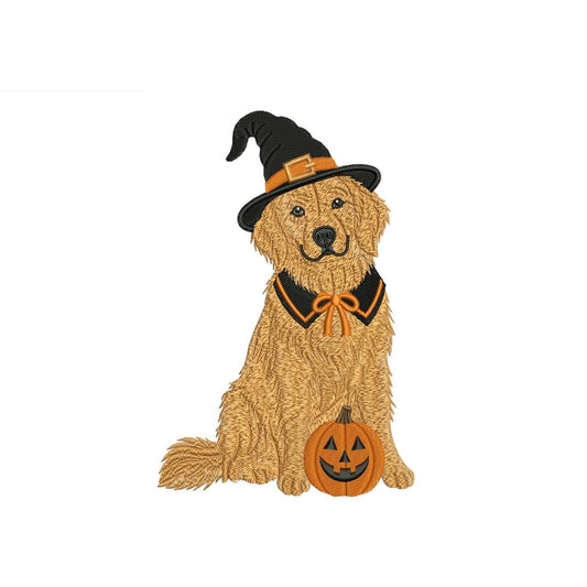 Golden Retriever Witch Embroidery Design: Spooky Dog Pumpkin (Digital Download)