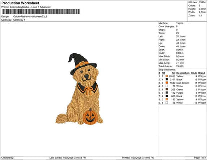 Golden Retriever Witch Embroidery Design: Spooky Dog Pumpkin (Digital Download)