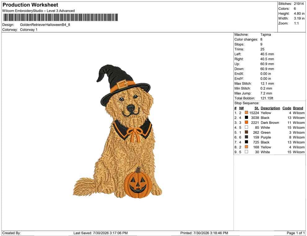 Golden Retriever Witch Embroidery Design: Spooky Dog Pumpkin (Digital Download)