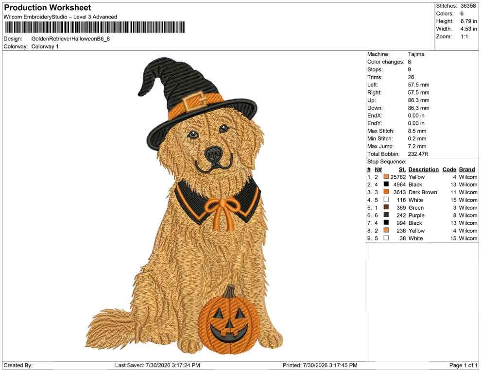 Golden Retriever Witch Embroidery Design: Spooky Dog Pumpkin (Digital Download)