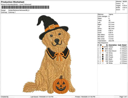 Golden Retriever Witch Embroidery Design: Spooky Dog Pumpkin (Digital Download)