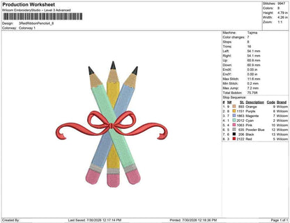 Back To School Embroidery Designs: Three Pencils Machine Embroidery File Pencil Bow Three Pencils Embroidery PES DST JEF (Instant Download)