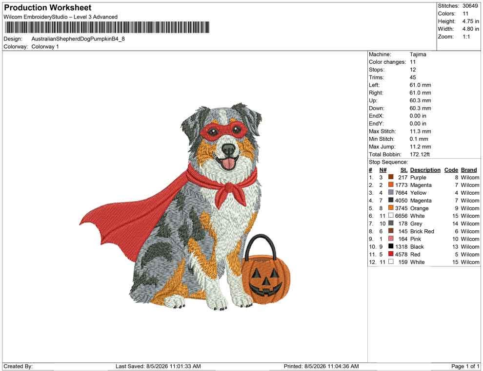 Halloween Embroidery Designs: Superhero Australian Shepherd Dog Embroidery Design (Digital Download)