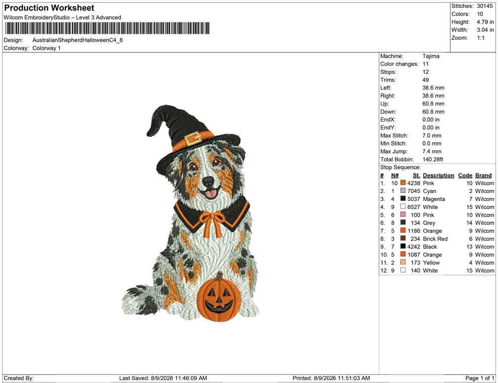 Halloween Witch Australian Shepherd Embroidery Design (Digital Download)