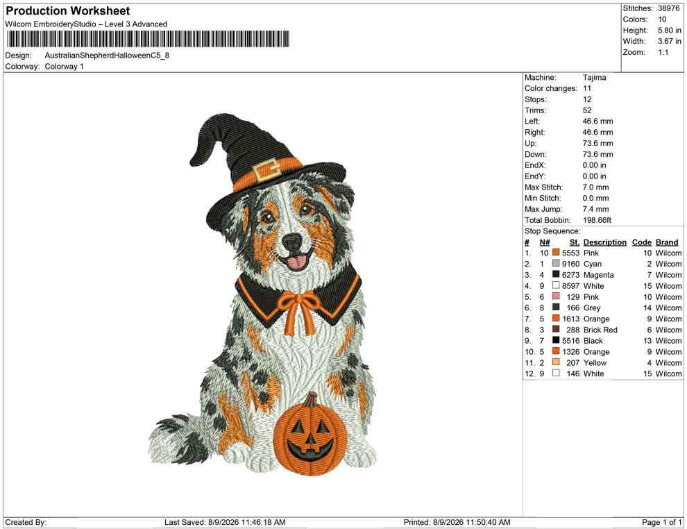 Halloween Witch Australian Shepherd Embroidery Design (Digital Download)