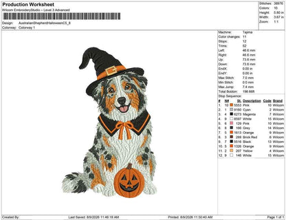 Halloween Witch Australian Shepherd Embroidery Design (Digital Download)