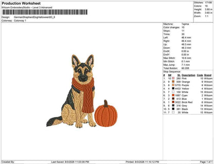 Halloween German Shepherd Dog Embroidery Design with Scarf and Pumpkin (Digital Download)