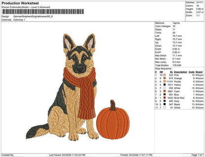 Halloween German Shepherd Dog Embroidery Design with Scarf and Pumpkin (Digital Download)