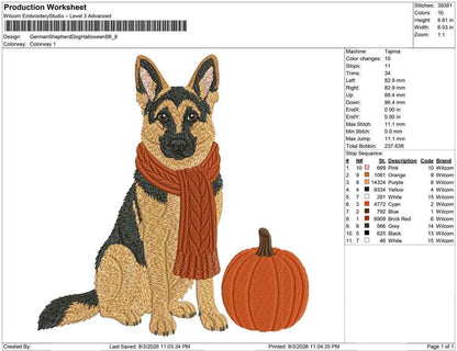 Halloween German Shepherd Dog Embroidery Design with Scarf and Pumpkin (Digital Download)