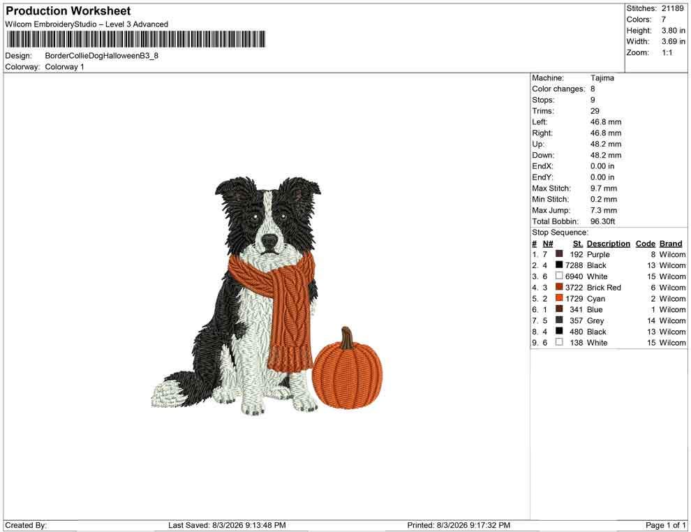Border Collie Embroidery Designs: Dog with Pumpkin Machine Files (DST, PES, JEF+) Instant Digital Download Files