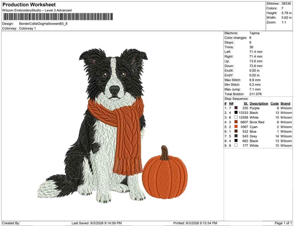 Border Collie Embroidery Designs: Dog with Pumpkin Machine Files (DST, PES, JEF+) Instant Digital Download Files