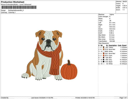 English Bulldog Embroidery Design: Fall Pumpkin Dog Machine Embroidery Files PES JEF DST+ (Digital Download)