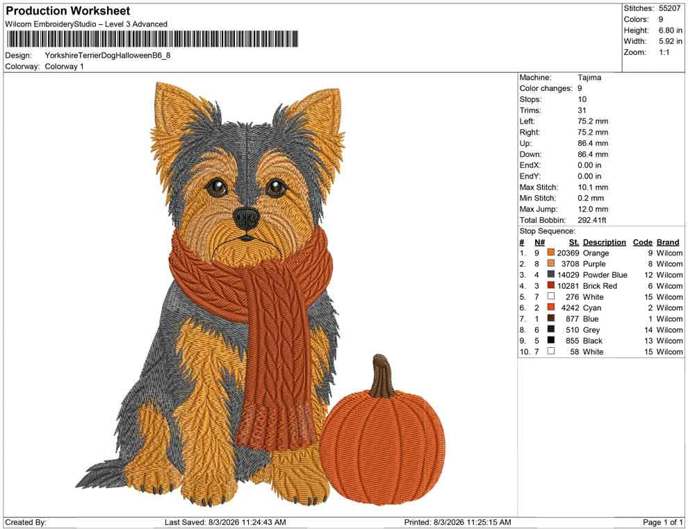 Yorkshire Terrier Embroidery Designs: Dog Embroidery File Puppy with Scarf and Pumpkin Embroidery Machine File (Digital Download)