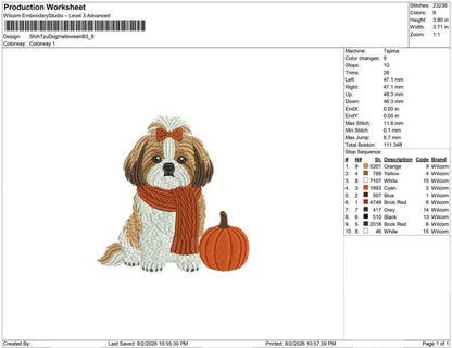 Shih Tzu Embroidery Designs: Fall Dog Embroidery File Cute Puppy with Scarf and Pumpkin Embroidery Files Shih Tzu (Instant Digital Download)