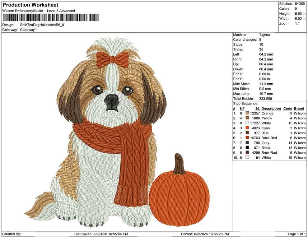 Shih Tzu Embroidery Designs: Fall Dog Embroidery File Cute Puppy with Scarf and Pumpkin Embroidery Files Shih Tzu (Instant Digital Download)
