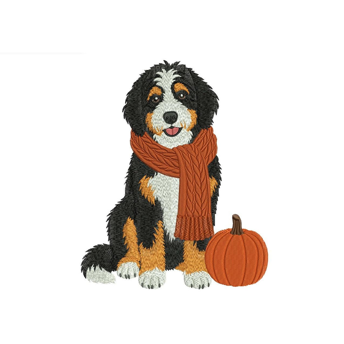 Bernedoodle Embroidery Designs: Fall Bernedoodle Dog Machine Embroidery File Puppy with Orange Scarf and Pumpkin Design (Digital Download)