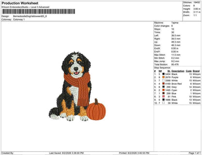 Bernedoodle Embroidery Designs: Fall Bernedoodle Dog Machine Embroidery File Puppy with Orange Scarf and Pumpkin Design (Digital Download)