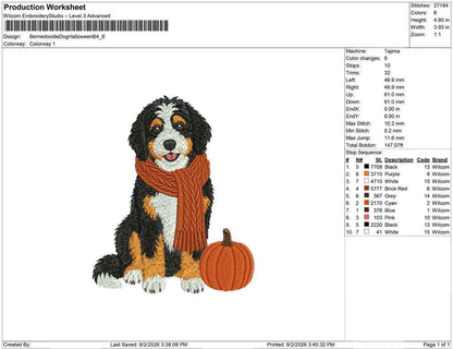 Bernedoodle Embroidery Designs: Fall Bernedoodle Dog Machine Embroidery File Puppy with Orange Scarf and Pumpkin Design (Digital Download)