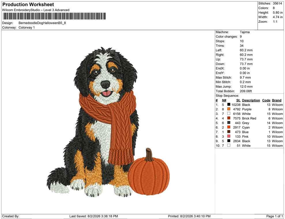 Bernedoodle Embroidery Designs: Fall Bernedoodle Dog Machine Embroidery File Puppy with Orange Scarf and Pumpkin Design (Digital Download)