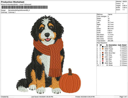 Bernedoodle Embroidery Designs: Fall Bernedoodle Dog Machine Embroidery File Puppy with Orange Scarf and Pumpkin Design (Digital Download)