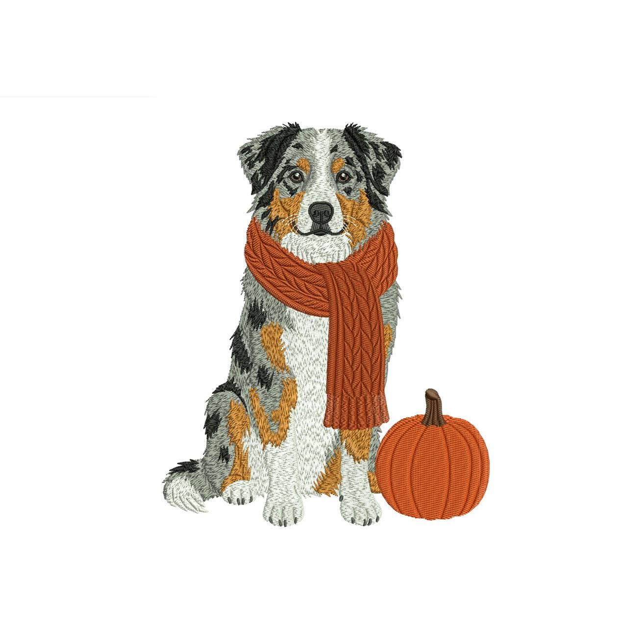 Australian Shepherd Embroidery Designs: Fall Dog Machine Embroidery Files Aussie Shepherd Scarf Pumpkin (Instant Digital Download) PES+