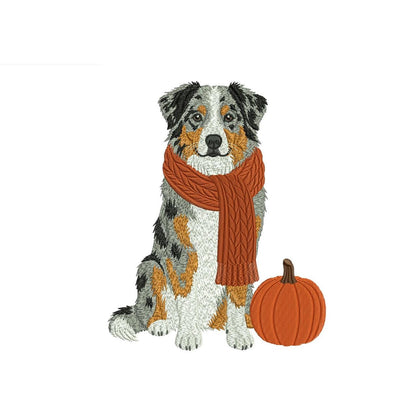 Australian Shepherd Embroidery Designs: Fall Dog Machine Embroidery Files Aussie Shepherd Scarf Pumpkin (Instant Digital Download) PES+