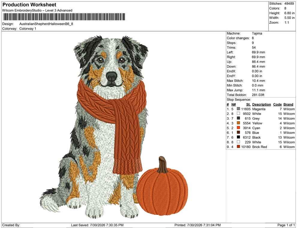 Australian Shepherd Embroidery Designs: Fall Dog Machine Embroidery Files Aussie Shepherd Scarf Pumpkin (Instant Digital Download) PES+