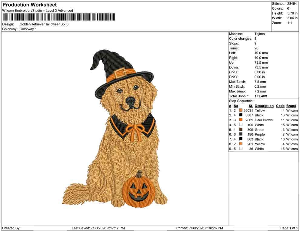 Golden Retriever Witch Embroidery Design: Spooky Dog Pumpkin (Digital Download)