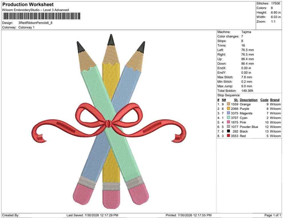 Back To School Embroidery Designs: Three Pencils Machine Embroidery File Pencil Bow Three Pencils Embroidery PES DST JEF (Instant Download)