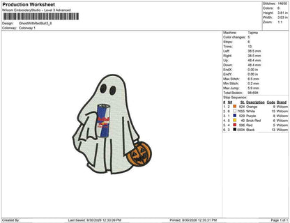 Halloween Ghost Embroidery Design: Energy Drink Ghost Machine Embroidery File (DST, PES, JEF+) (Instant Digital Download)
