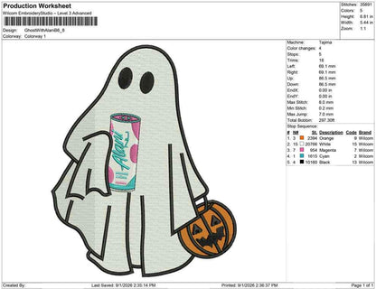 Halloween Ghost Embroidery Designs: Energy Drink Ghost Machine Embroidery Files (DST, PES, JEF+) (Instant Digital Download)