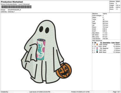 Halloween Ghost Embroidery Designs: Energy Drink Ghost Machine Embroidery Files (DST, PES, JEF+) (Instant Digital Download)
