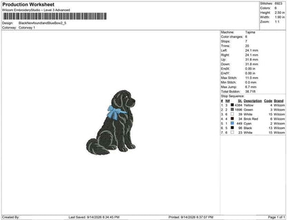 Production worksheet for 2.5-inch black Newfoundland dog with blue bow embroidery design