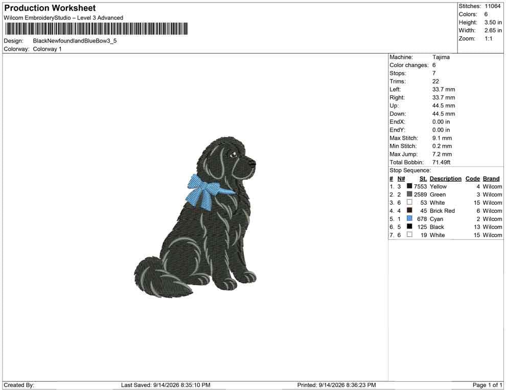 Production worksheet for 3.5-inch black Newfoundland dog with blue bow embroidery design