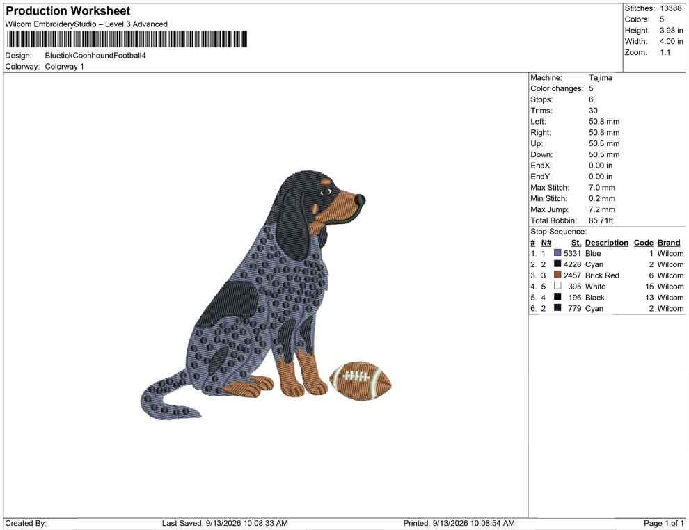 Production worksheet for 4-inch Bluetick Coonhound with football embroidery design