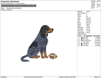 Production worksheet for 4-inch Bluetick Coonhound with football embroidery design