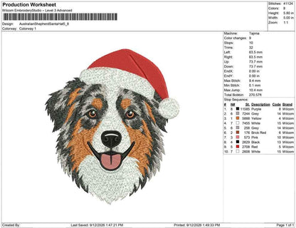 Production worksheet for 5.8-inch Australian Shepherd wearing a Santa hat embroidery design