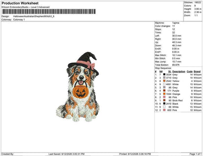 Production worksheet for 3.8-inch Australian Shepherd witch with pumpkin pail embroidery design