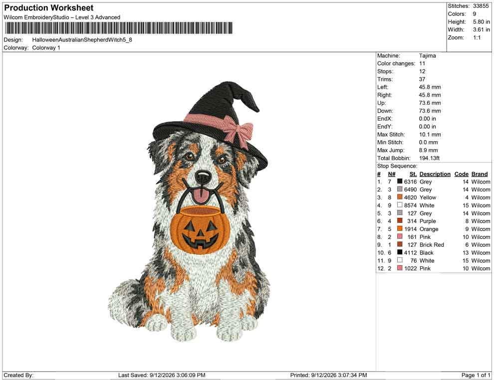 Production worksheet for 5.8-inch Australian Shepherd witch with pumpkin pail embroidery design