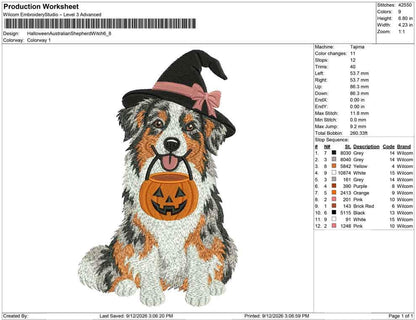 Production worksheet for 6.8-inch Australian Shepherd witch with pumpkin pail embroidery design
