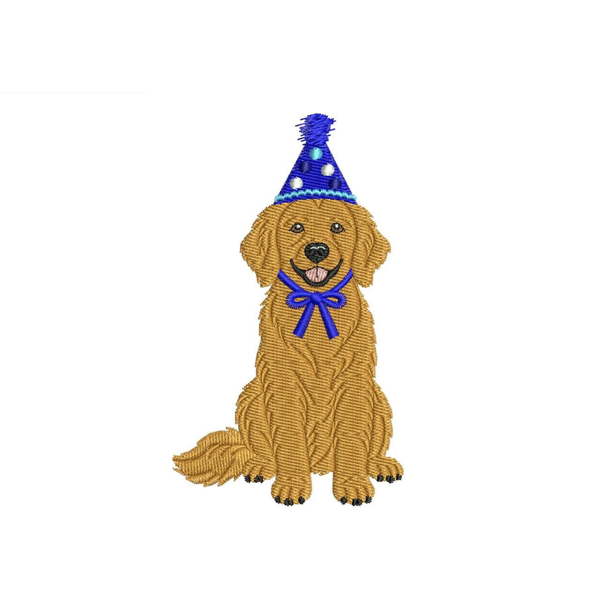 Golden Retriever wearing a birthday hat and bow machine embroidery design preview
