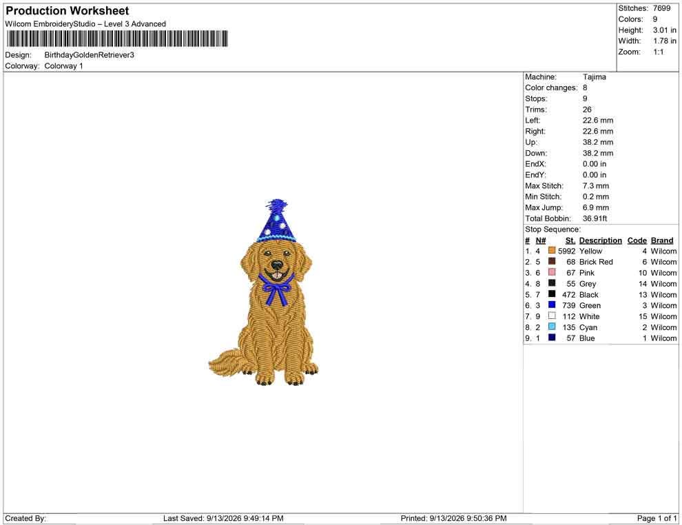 Production worksheet for 3-inch Golden Retriever wearing a birthday hat and bow embroidery design
