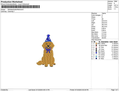 Production worksheet for 3-inch Golden Retriever wearing a birthday hat and bow embroidery design
