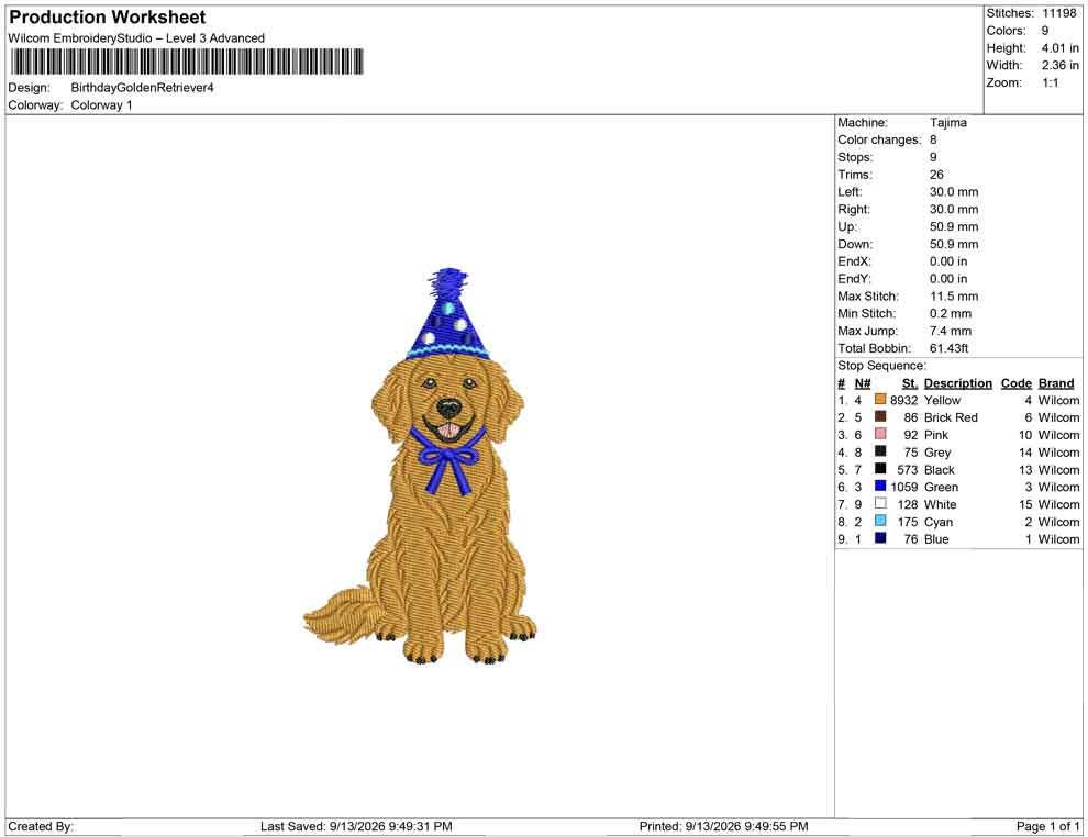 Production worksheet for 2.5-inch Golden Retriever wearing a birthday hat and bow embroidery design