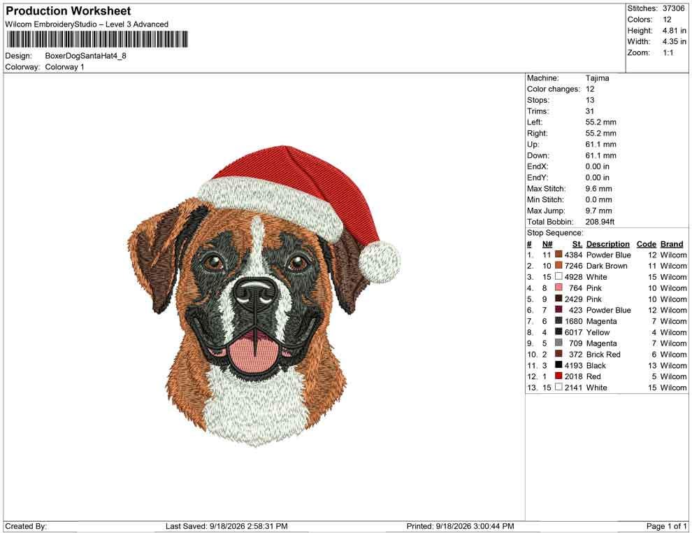 Production worksheet for 4.8-inch Boxer dog wearing a Santa hat embroidery design