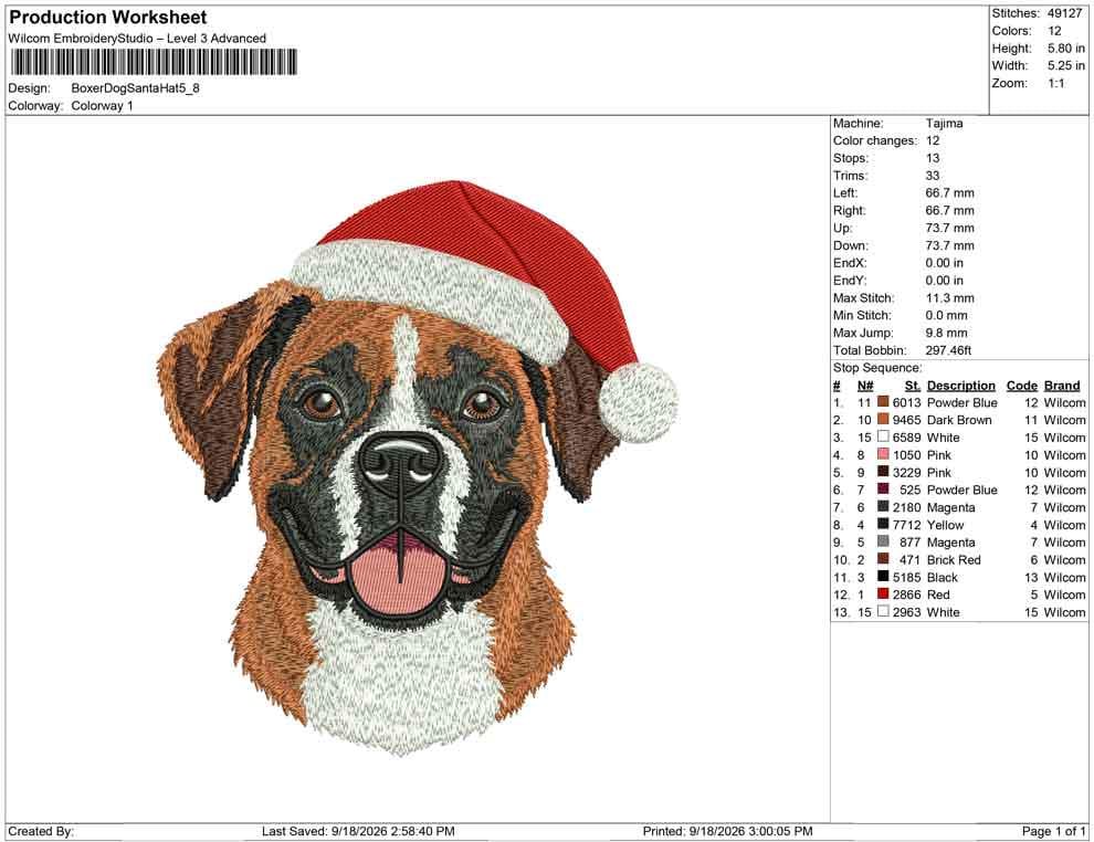 Production worksheet for 5.8-inch Boxer dog wearing a Santa hat embroidery design