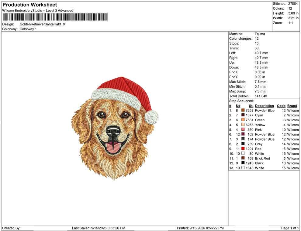 Production worksheet for 3.8-inch Golden Retriever wearing a Santa hat embroidery design