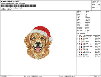 Production worksheet for 3.8-inch Golden Retriever wearing a Santa hat embroidery design