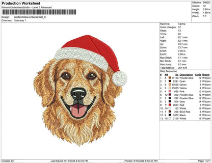 Production worksheet for 5.8-inch Golden Retriever wearing a Santa hat embroidery design