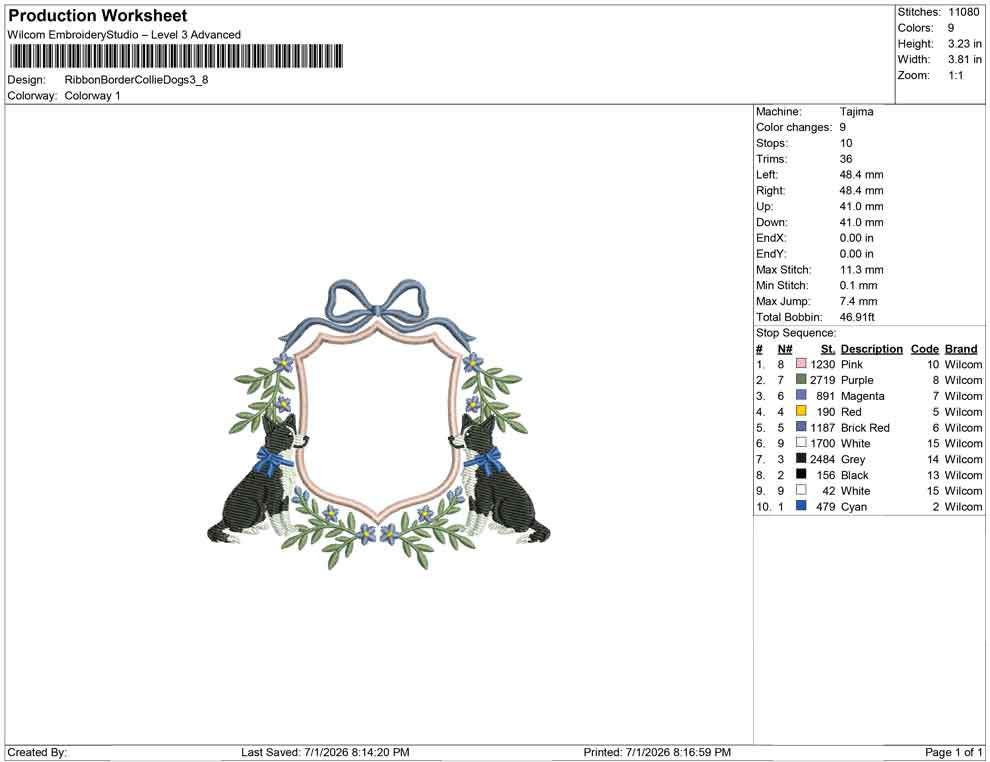 Production worksheet for 3.8-inch Border Collie dogs in a floral bow crest embroidery design
